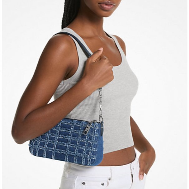 Michael Kors Empire Medium Frayed Denim Chain-Link Pochette - Image 2