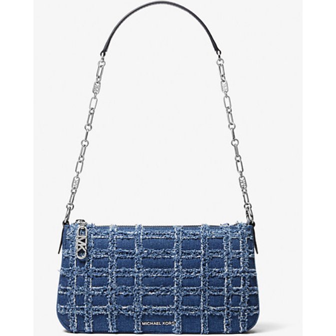 Michael Kors Empire Medium Frayed Denim Chain-Link Pochette